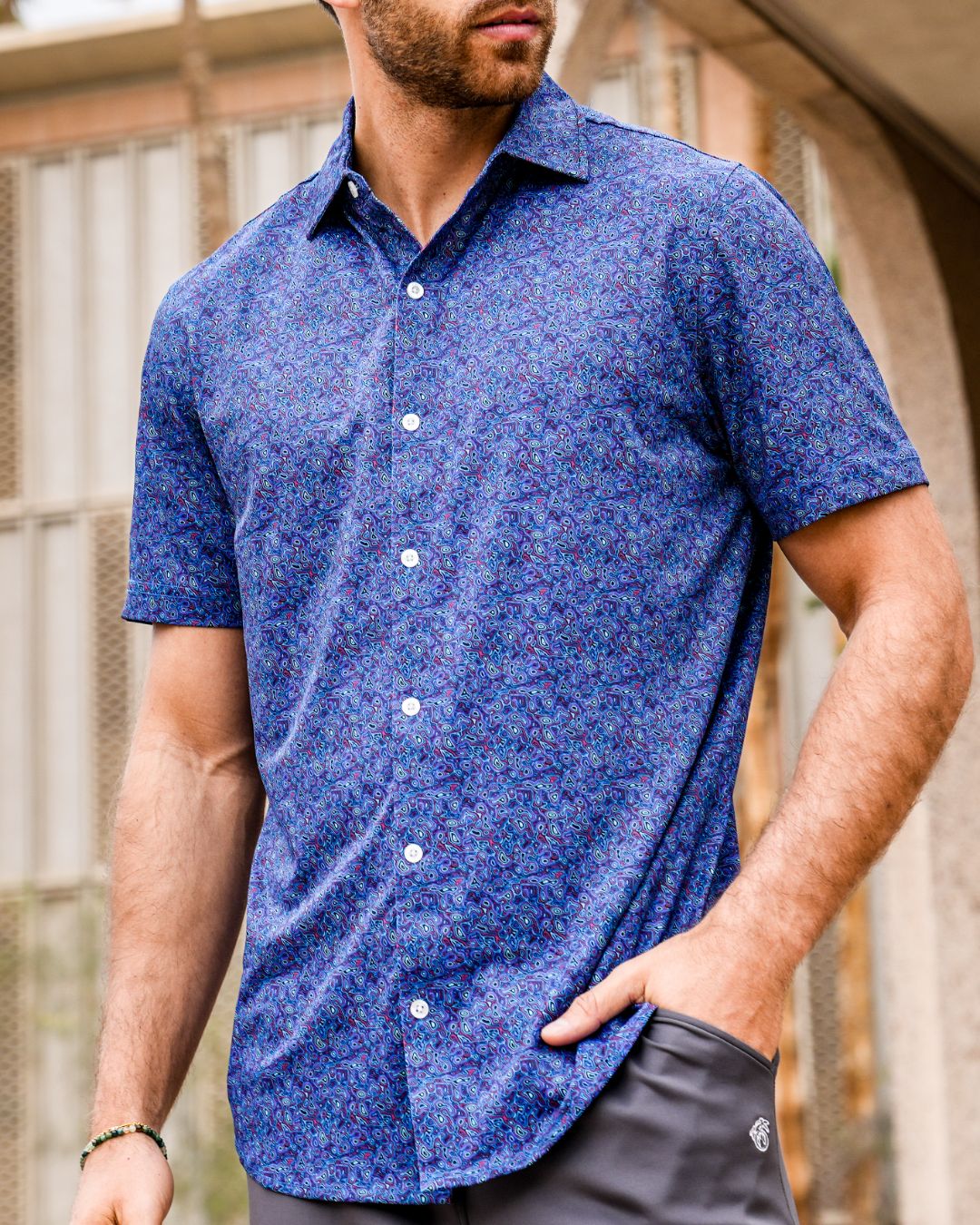 Pique Stretch Button Up Short Sleeves